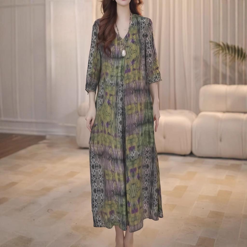 High Luxury Temperament Printed V-neck Dress Women's 2025 Summer New Loose and Thin Casual Fashion Dress