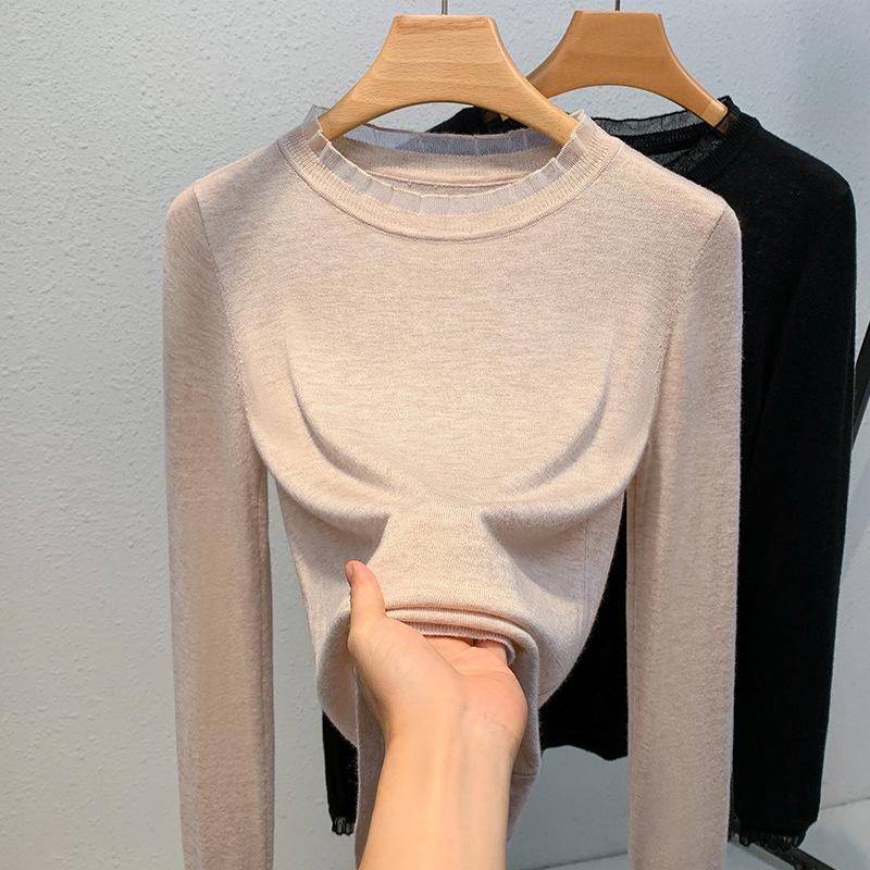 Bottom Shirt Women's New Women's Clothing Lotus Leaf Collar Splicing Pullover Sweater Thin Inner Belly Cover Top