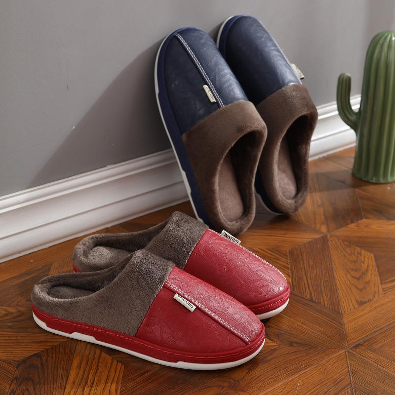 Winter Waterproof Warm Cotton Slippers Bag with Leather Surface Winter Home Home Couple Indoor Non-slip Slippers New