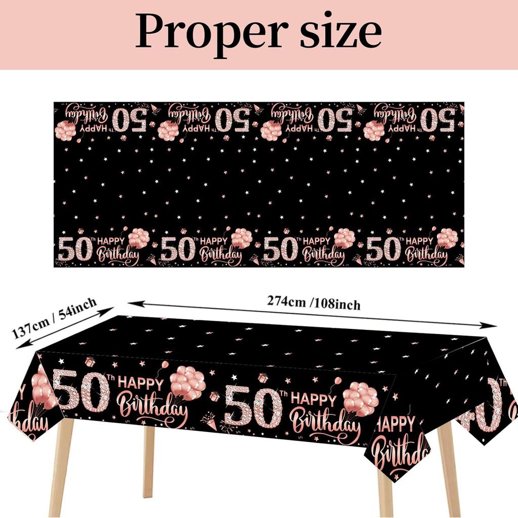 3 Pack Rose Gold Happy 50th Birthday Tablecloth Decorations - Fifty Years Old Plastic Disposable Rectangular Table Cover Party Supplies
