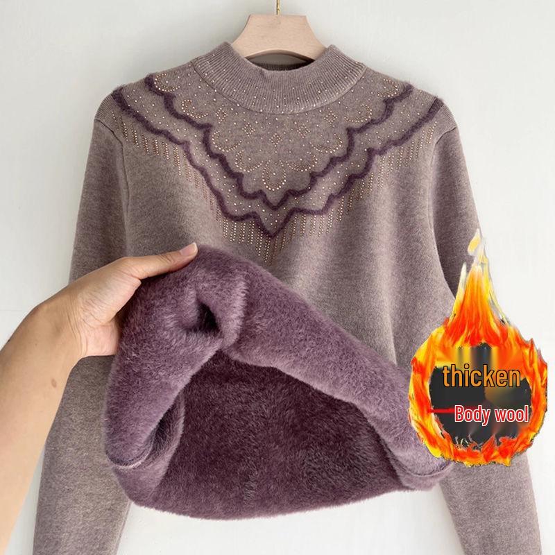 Dámský zimní svetr s polovičním vysokým límcem a silným fleecem - Módní volný střih