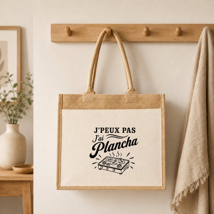 Sac cabas - PLANETEE - J'peux pas minimaliste (J’peux pas j’ai Plancha) - Toile de jute et coton - 21 L - Anses 65 cm