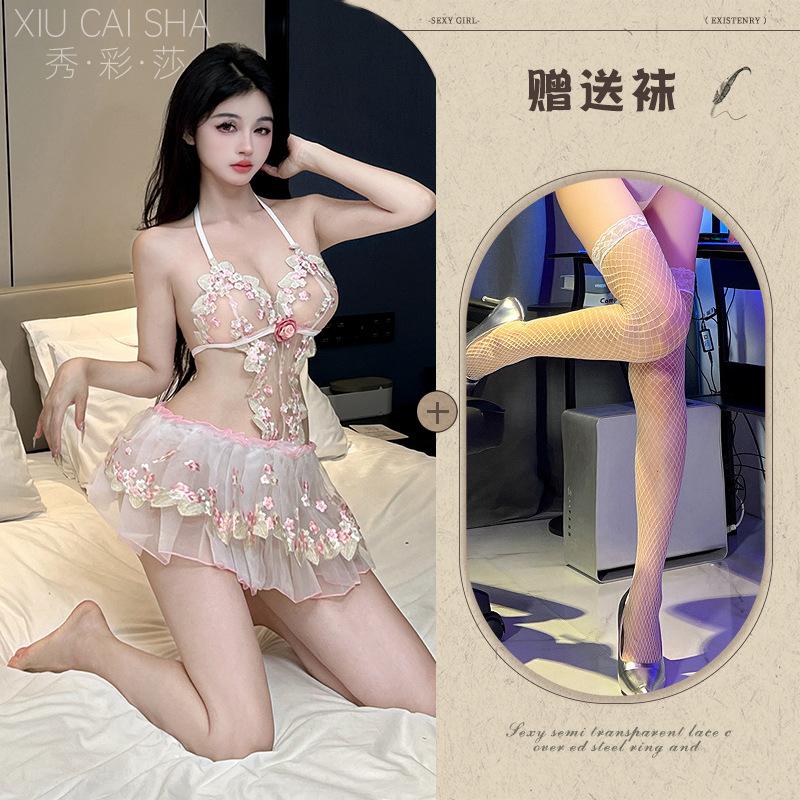 Xiucaisha pure lace floral embroidery suspender tutu skirt waist thin perspective sex underwear empty pajamas