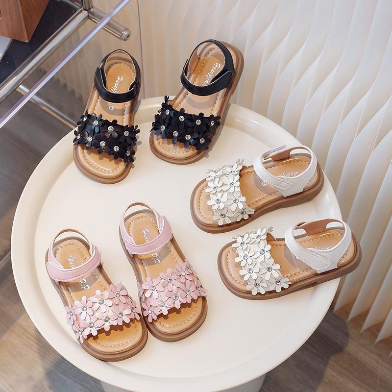 Summer girls' flower sandals, Korean style fashionable princess design, baby sandals with anti-slip soft sole, children's sandals.