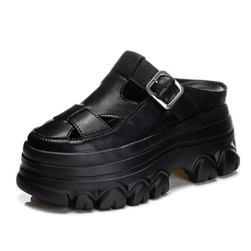 Fashion 9CM Hollow Genuine Leather Women Slippers Platform Shoes Wedge Sandals White Sneakers Women Slip On Slides Mules Summer