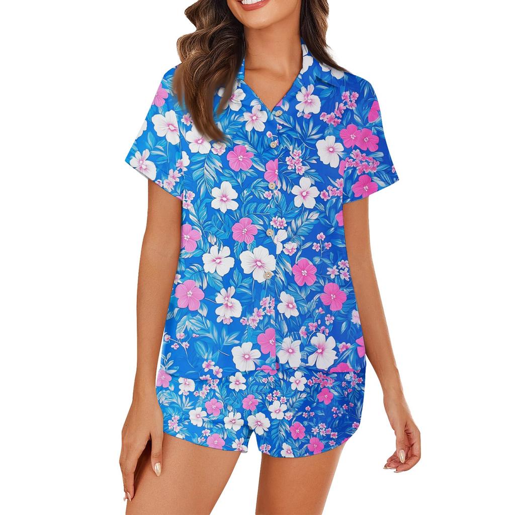 Women's Ice Silk Pajamas Button Homewear Hawaiian Print Short Sleeve Satin Pajama Set