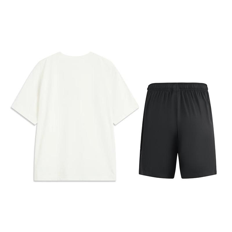Li-Ning Versatile Solid Color Round Neck Short Sleeve T-Shirt Comfortable Logo Print Five-Point Shorts Casual Sports Suit AHSV161-1+YKSV115-1