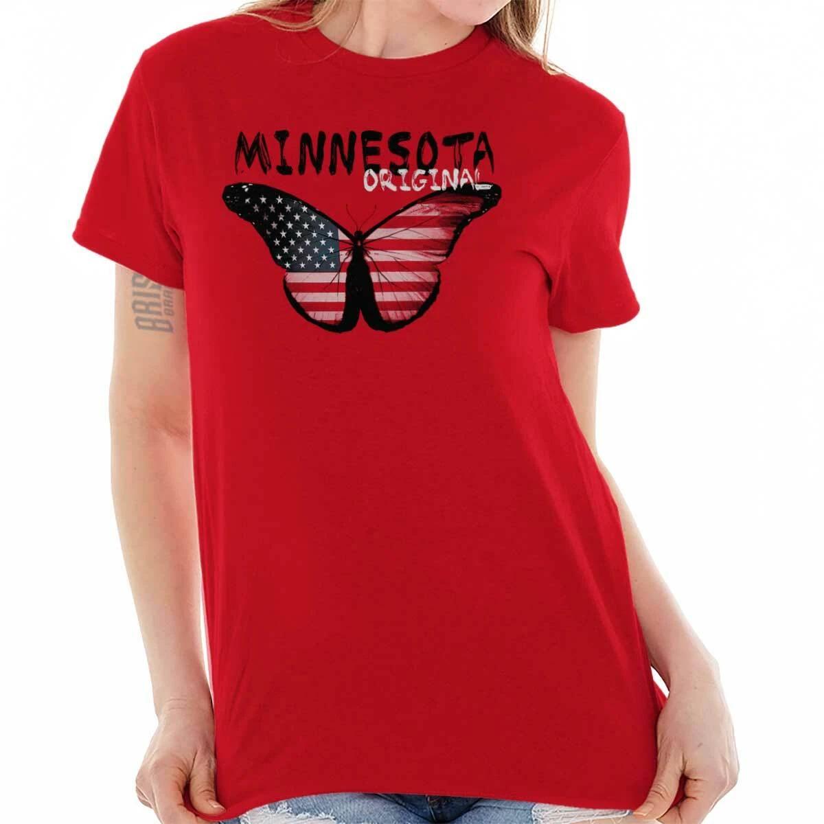 

American Flag Butterfly Minnesota Original Womens Graphic Crewneck 100% Cotton T-shirt Mens Tees Top Tee XL