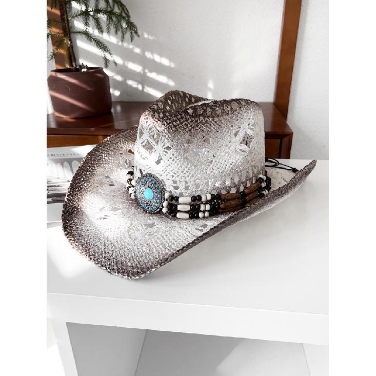 Hollowed-out straw knight hat for women, summer ethnic style sun protection hat, western cowboy straw hat, men's sun hat
