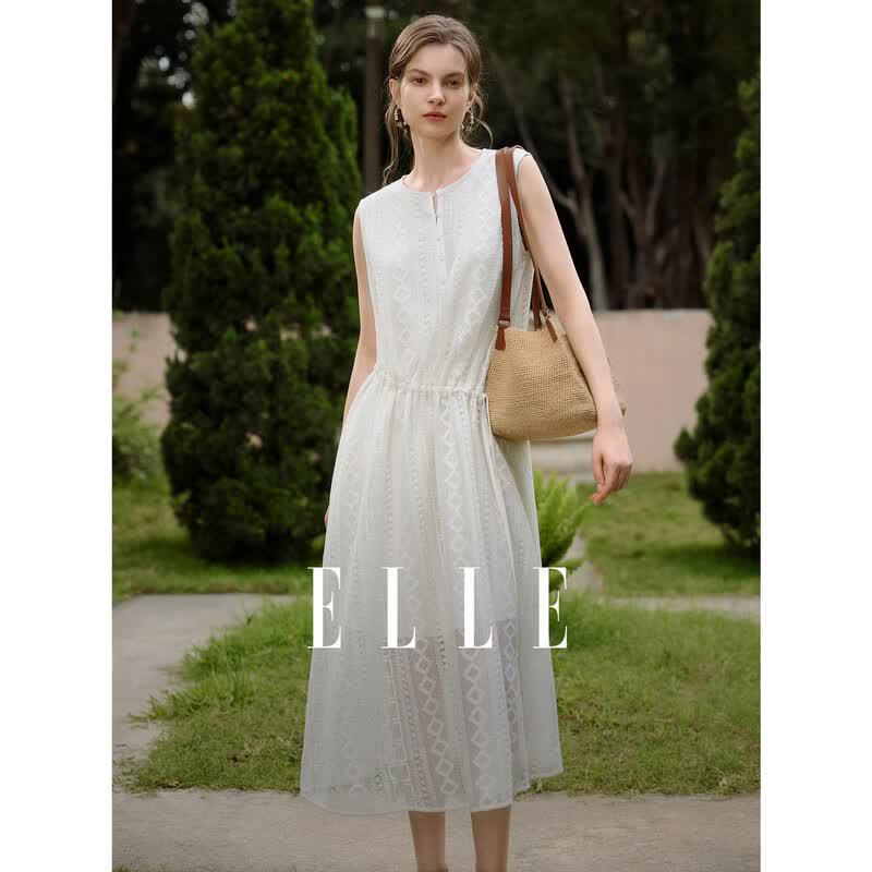 ELLE Women s French Hollow Lace Sleeveless A-Line Dress M