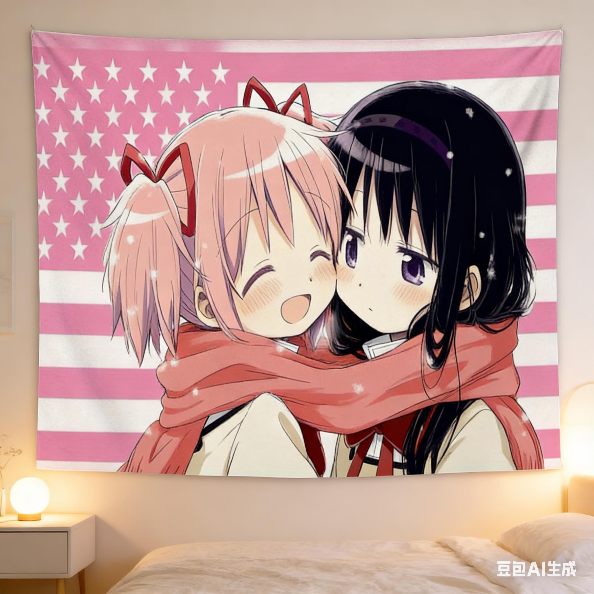 Jmg Household Supplies Unisex Pink Madoka Kawaii Anime Girls Flag Tapestry, Cute Crossover Polyester Wall Hanging For Bedroom Dorm, Y2k Anime Aesthetic Room D