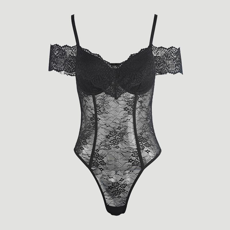 2025 Winter Off-Shoulder Black Lace Bodycon Bodysuit with Push-Up Bra