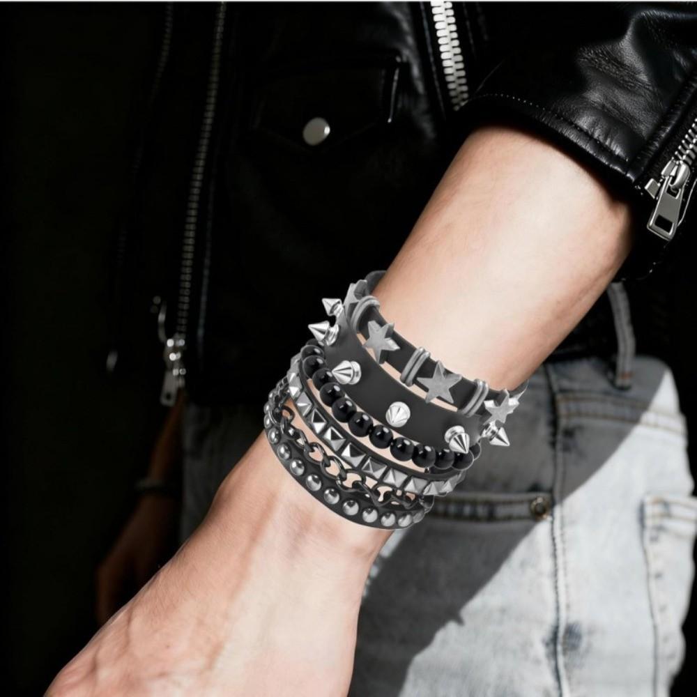 5 pcs Zinc Zinc Alloy Chain Bracelet Spike Star Stud Wristband Rock Style Punk Bracelet Set Gift