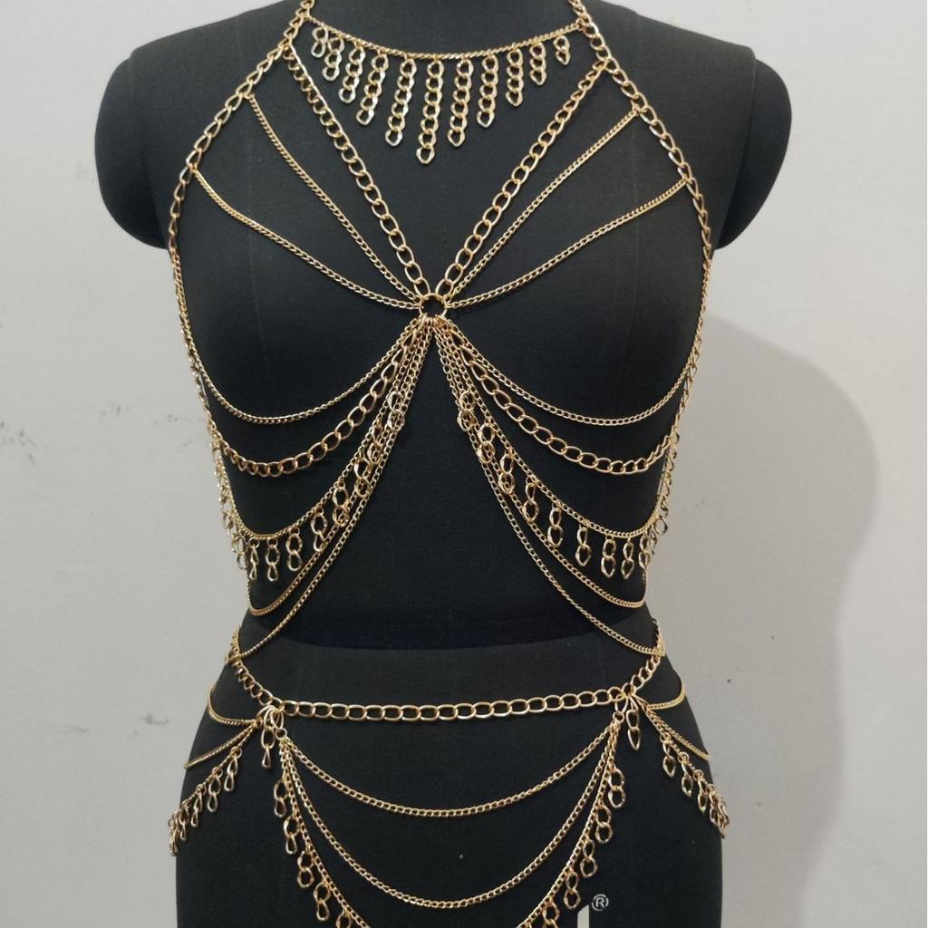 Body Chain Waist Chain Two-piece Set, Metal Chain Multi-layer Fringed Chest Chain Waist Set Bodychai.