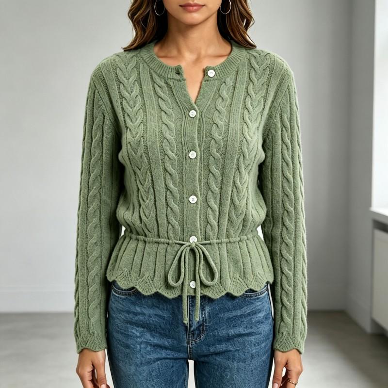 2026 Fall Womens Retro Twist Knit Top Round Neck Drawstring Waist Cardigan Sweater