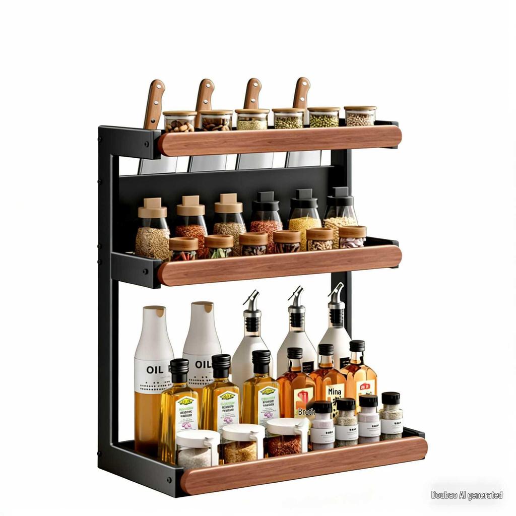 Retro Solid Wood Multi-Functional Kitchen Rack: Seasoning Storage, Jar and Bottle Holder, Knife Organizer.
