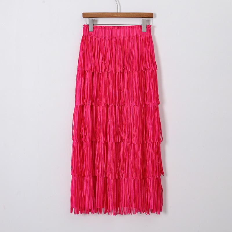 Elegant Rose Red Tassel High-Waisted Skirt for Women