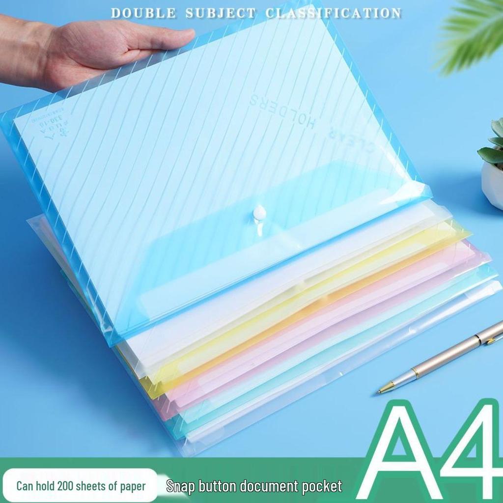 A4 Thickened Transparent Snap Button Document Bag - Waterproof, Large Capacity, Colored Twill Storage.
