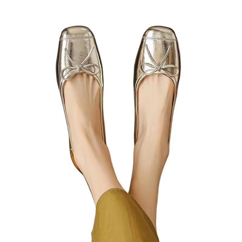 Spring and Autumn New Square Head Light Mouth Wide Foot Bow Rubber Sole Large Size Versatile Doudou Silver Mary Jane Shoes