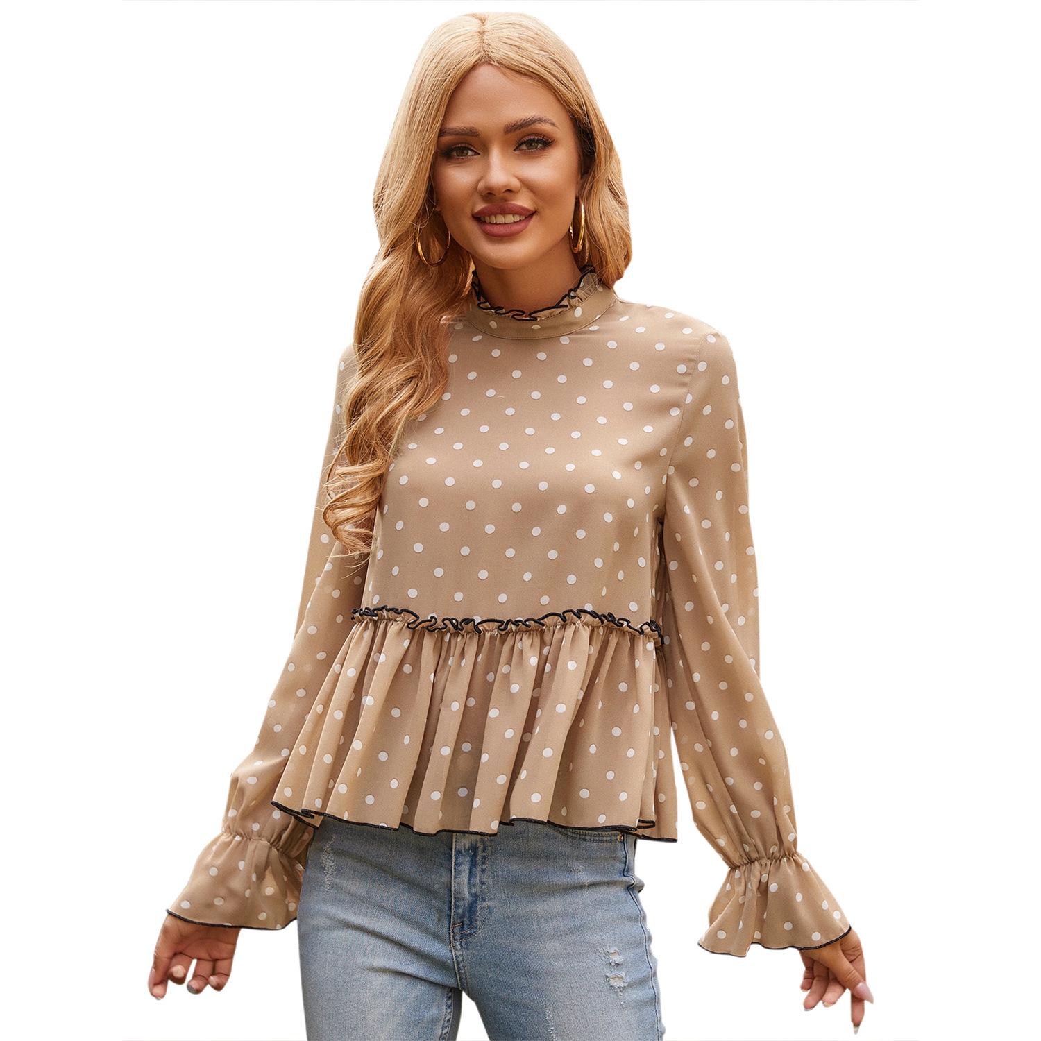 

Женская европейская и американская блузка-пуловер из шифона-жаккарда с рукавами-колокольчиками M хаки