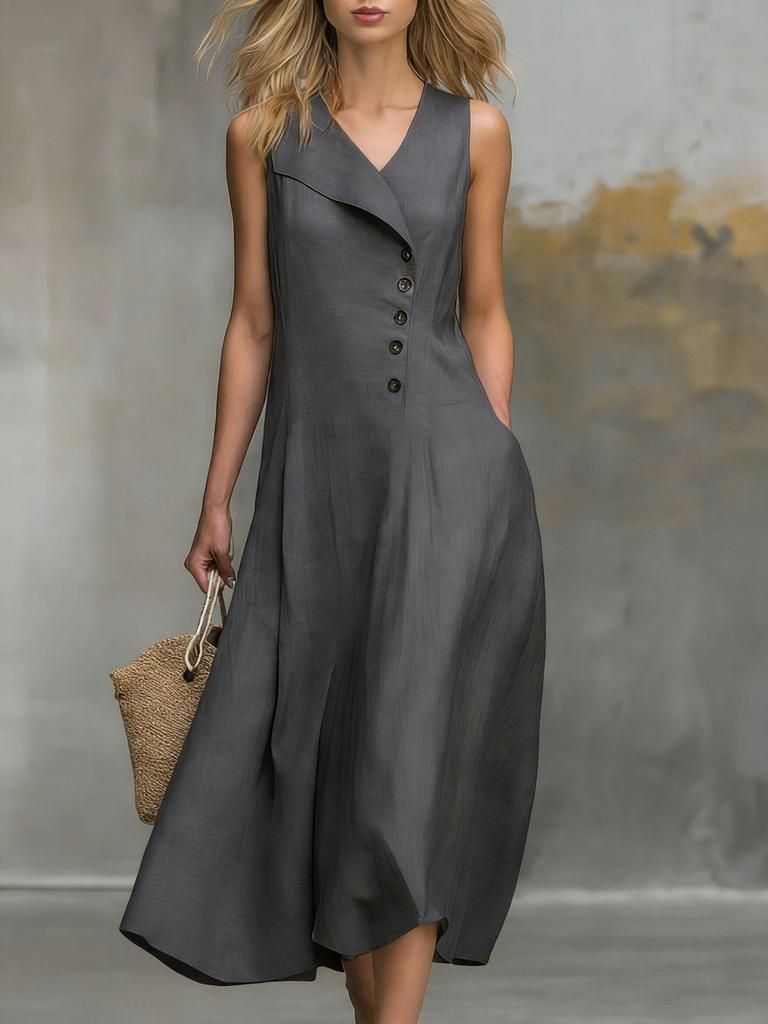 Lapel Button Closure Sleeveless Solid Color Women's Dress