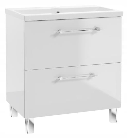 Zestaw Szafka łazienkowa z umywalką baterią i syfonem 80cm Stojąca biały połysk Cassandra