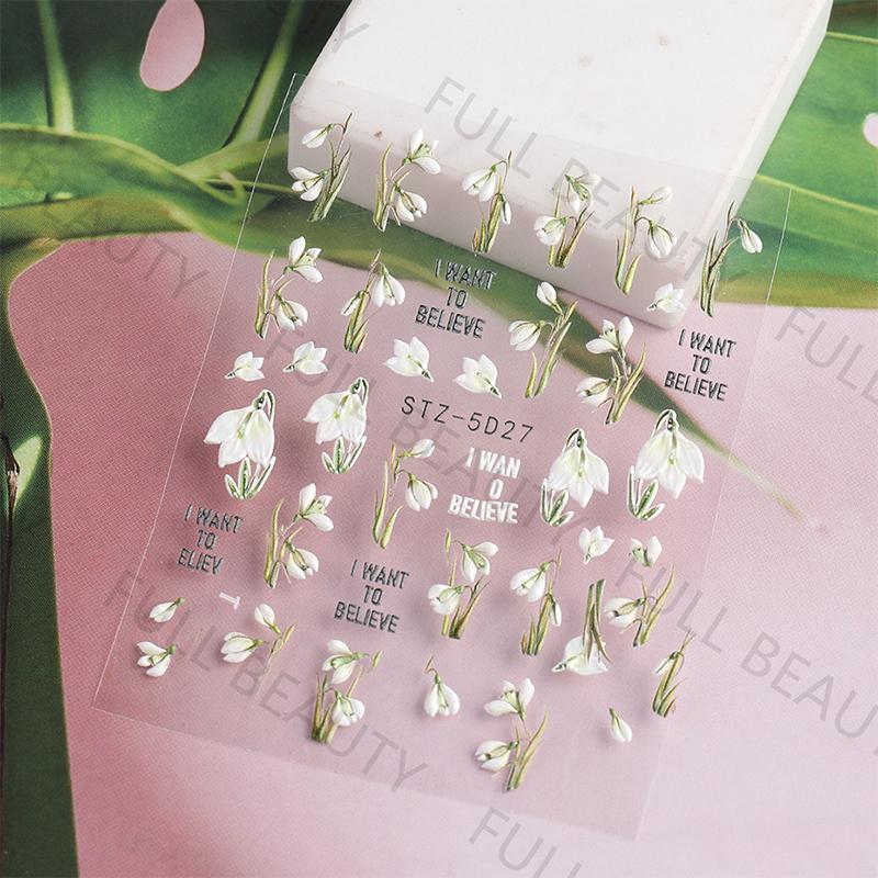 Snøklokke Nail Sticker Spring Flower Campanula 5D Preget Glider White Flora