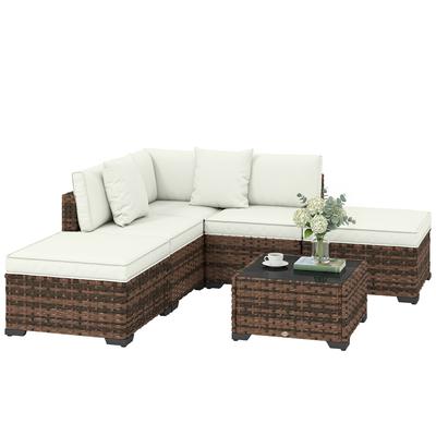 Outdoor Garden Rattan Set of 6 Pieces with Corner Chair 2 Armless Chairs Footrest and Table Brown