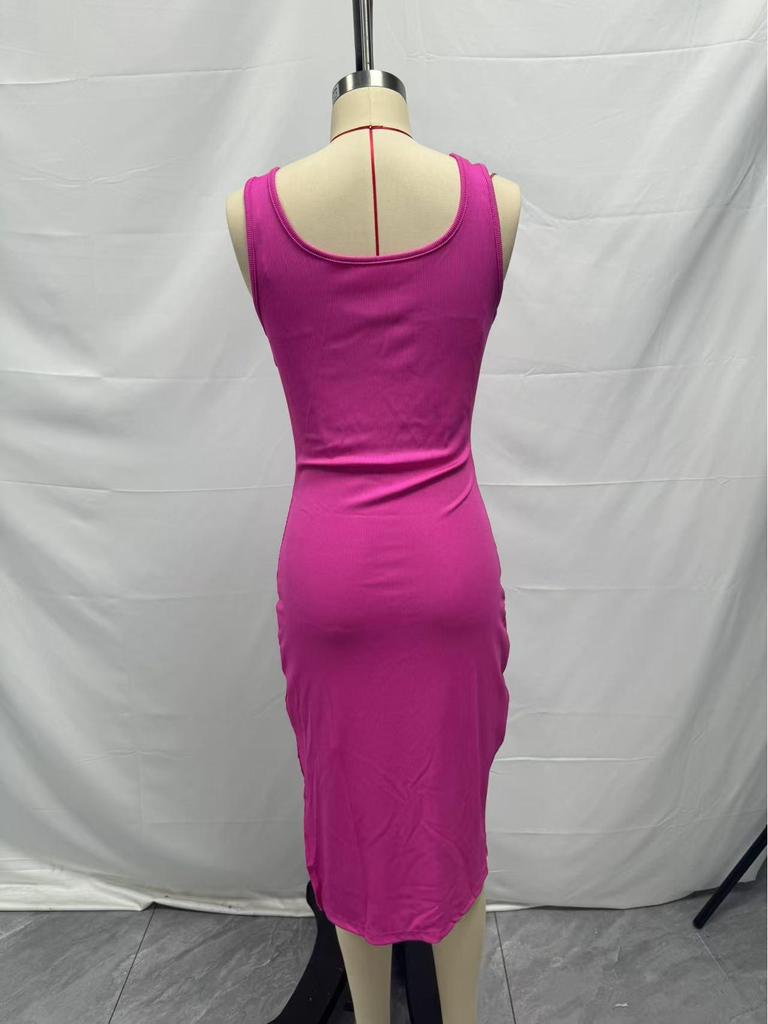 2025 Spring/Summer Elegant Sleeveless Ribbed Slim Fit Slit Dress with Square Neck
