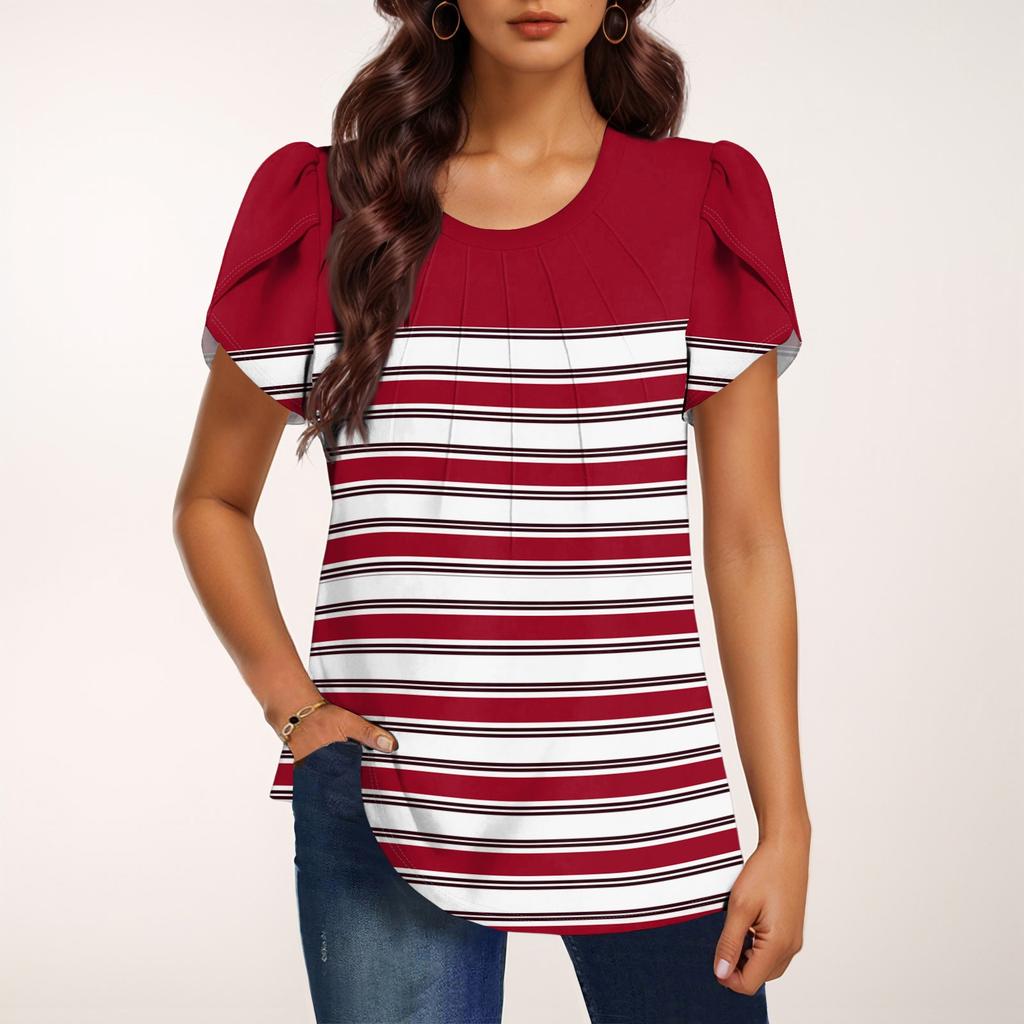 Women's Fashionable Round Neck Short Sleeve Print Casual Basic Pleated Pullover T-shirt Top
