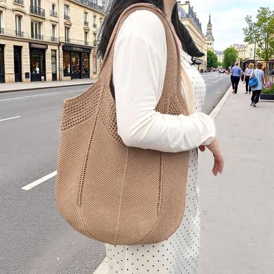 Sac à Bandoulière Mode Creux pour Femme Couleur Unie Grande Capacité Sac de Plage Tissé d'Été Sac Cabas Pliable Fait Main au Crochet