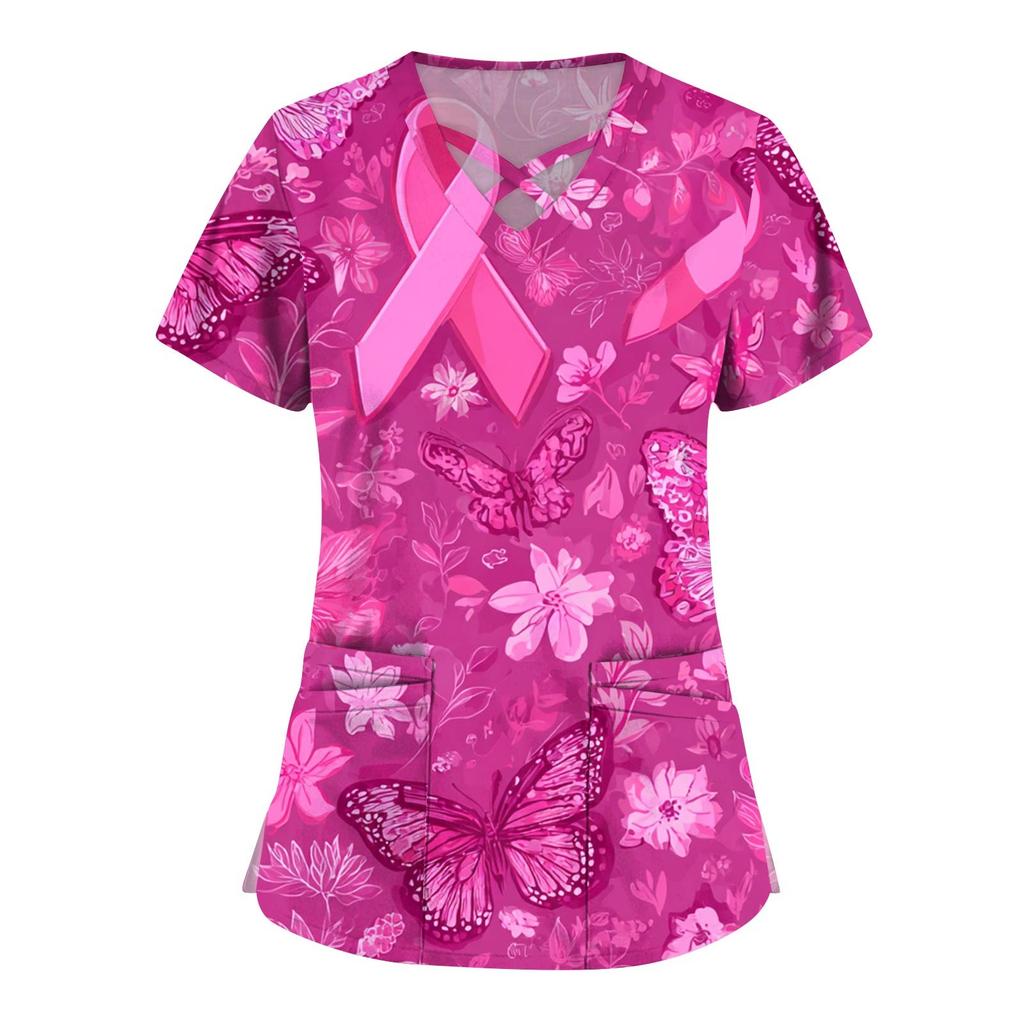 Women's Fashion  V-Neck Short Sleeve Overalls Double Layer Pocket Printed Tops  Apparel