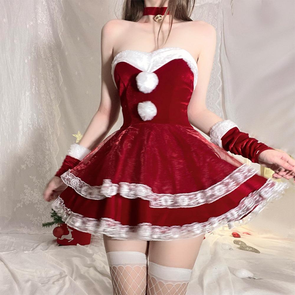 Domila Sexy Christmas Dress Red Pure Lace Dress Set New Year's Robe Cosplay, Uniform