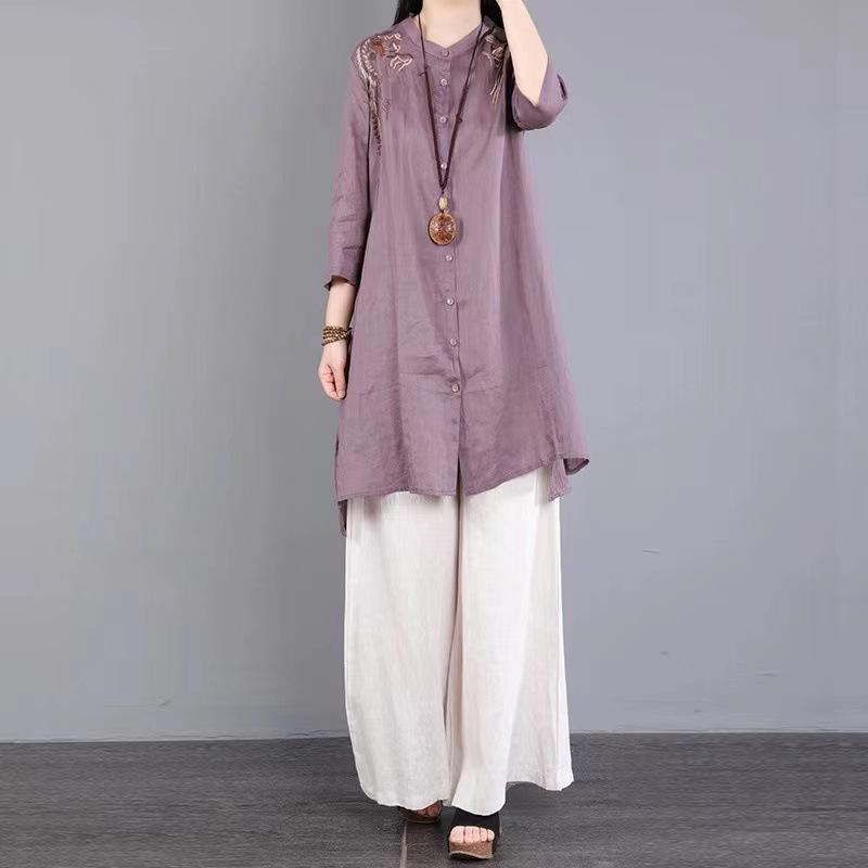 Summer 2024 Cotton Linen Embroidered Stand Collar Mid-Length Lightweight Sun Protection Cardigan Shirt