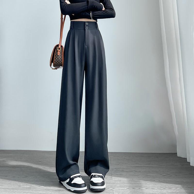 Womens High-Waisted Wide-Leg Straight Trousers Comfortable Office Casual Pants With Slight Stretch