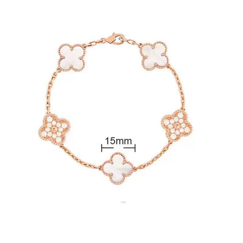 

Высококачественный браслет из 18-каратного розового золота с лазерной белой перламутровой вставкой, красным халцедоном 15 мм, четырехлистным клевером и пятью цветами для женщин