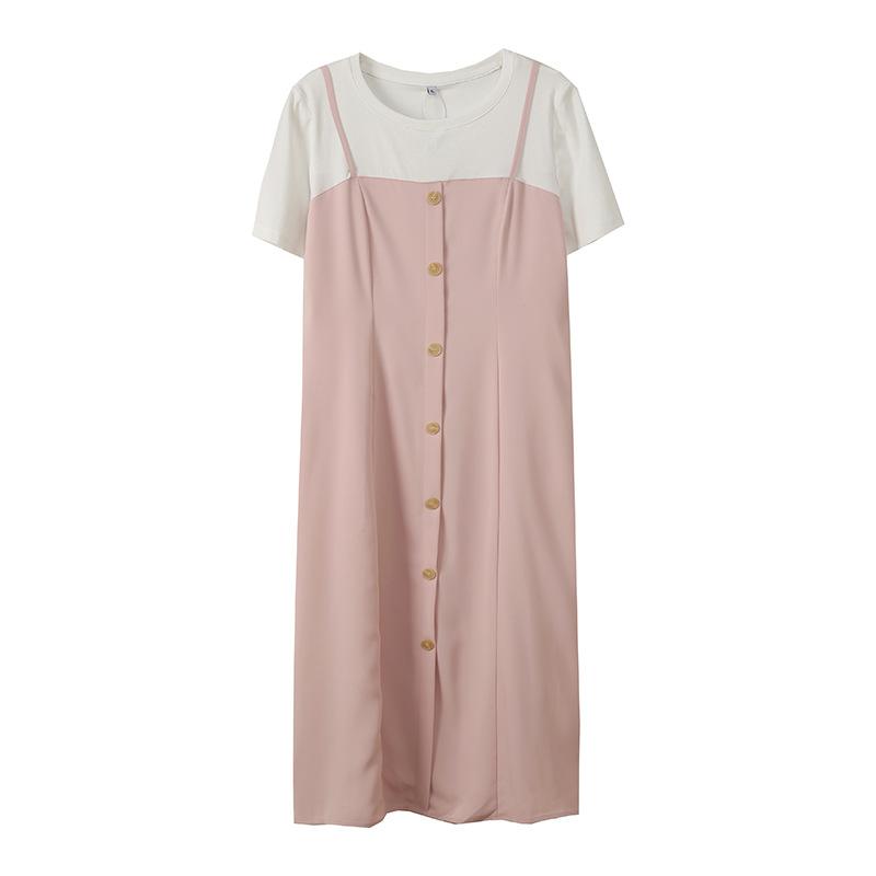 Large size women's clothing summer new temperament commuting fake two-piece women's crew neck meat-covering suspender dress 222095