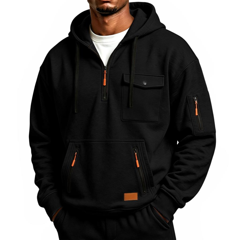 Sudadera con capucha y cremallera de manga larga informal para hombre con múltiples bolsillos