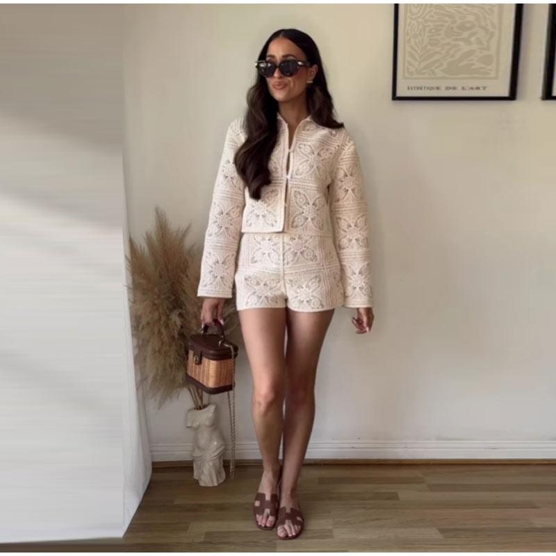 Gestrickte Lochmuster 2-teilige Sets Damen Outfit Elegant Gehäkelt Einreihig Revers Oberteil High Waist Shorts Sommer Damenanzug Pendeln