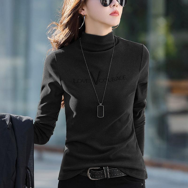 

Женская водолазка из немецкого бархата черного цвета 3XL с бархатным нижним краем, универсальная утолщенная футболка с длинными рукавами на осень и зиму XXL