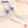 925 Sterling Silver Flower Amethyst Long Dangle Earrings for Women Charm Jewelry Party Gift