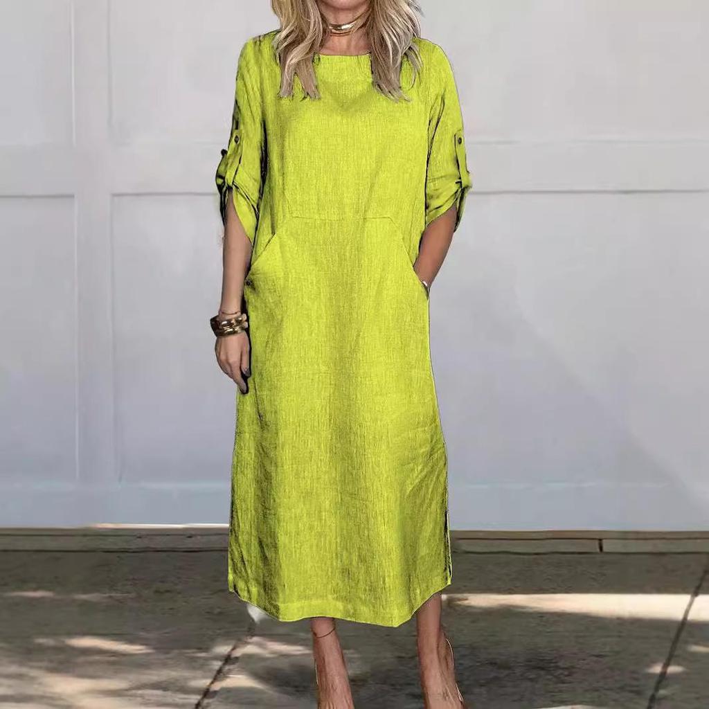 2024 Fall/Winter Women's Cotton Linen Solid Color Casual Round Neck Long Dress with Double Side Pockets