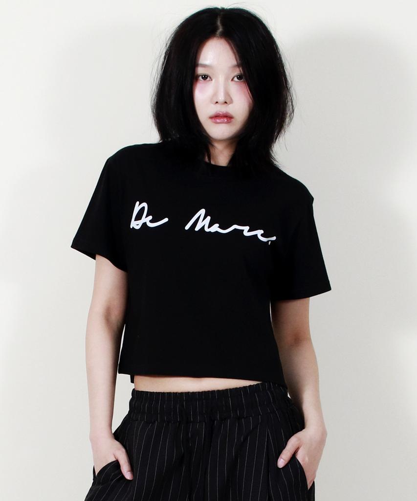Deumakeu Rough Writing Text-Logo Crop T-Shirt Black