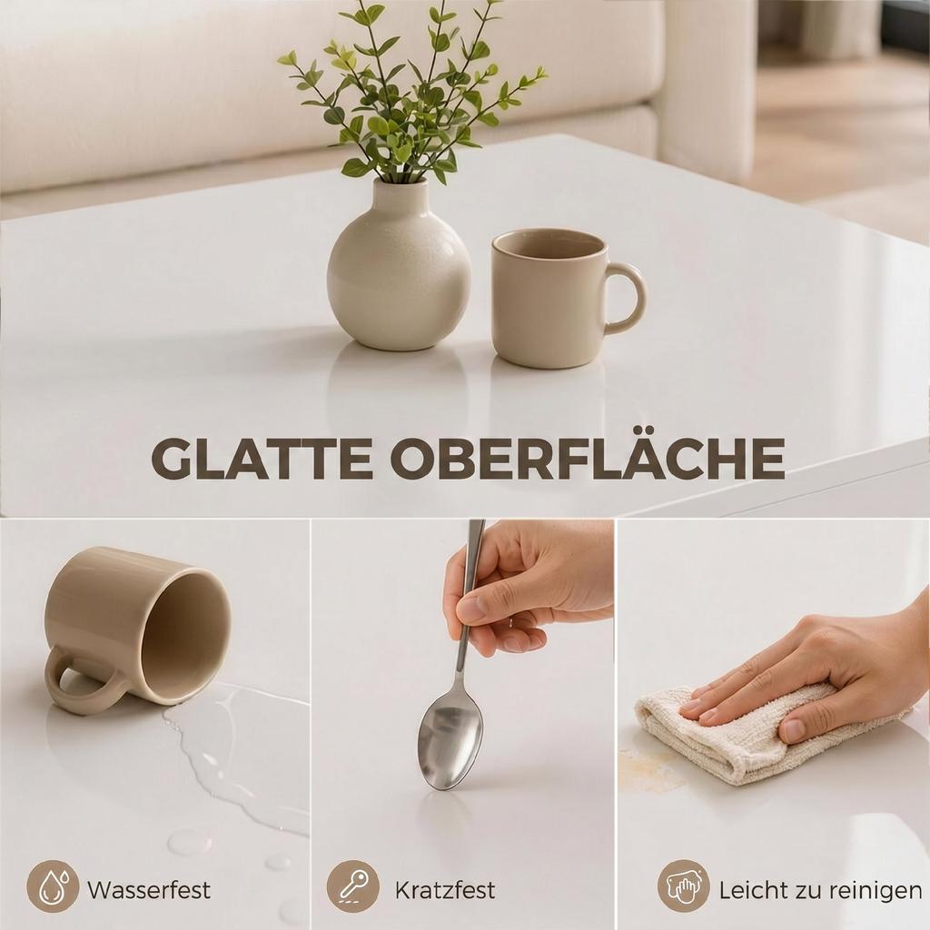 LED-Couchtisch mit Stauraum, 2-stufiger moderner Mitteltisch mit offenem Fach und Fernbedienung für das Wohnzimmer, Hochglanz Weiß