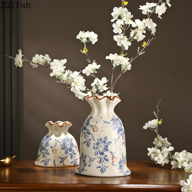 Vintage Floral Texture Ceramic Vase Table Decoration Flower Arrangement Creative Bag Shape Flowers Vases Room Aesthetic Decor