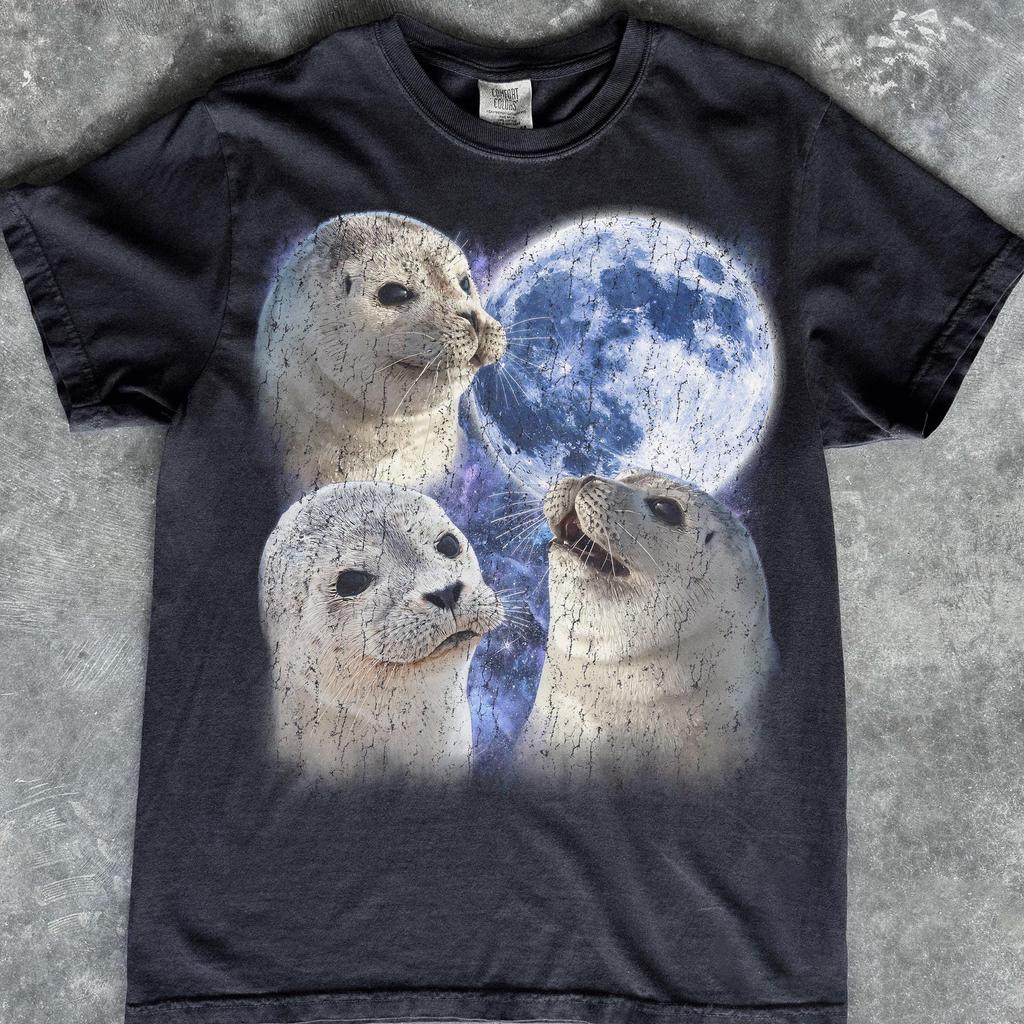 Dětské tričko s grafikou tuleně a měsíce, Zvířecí tričko s hvězdnou nocí, Pohodlné tričko Comfort Colors pro milovníky oceánu