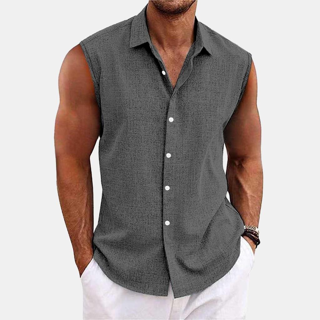 Men's Solid Color Lapel Button Up Vest Shirt T-shirt Top