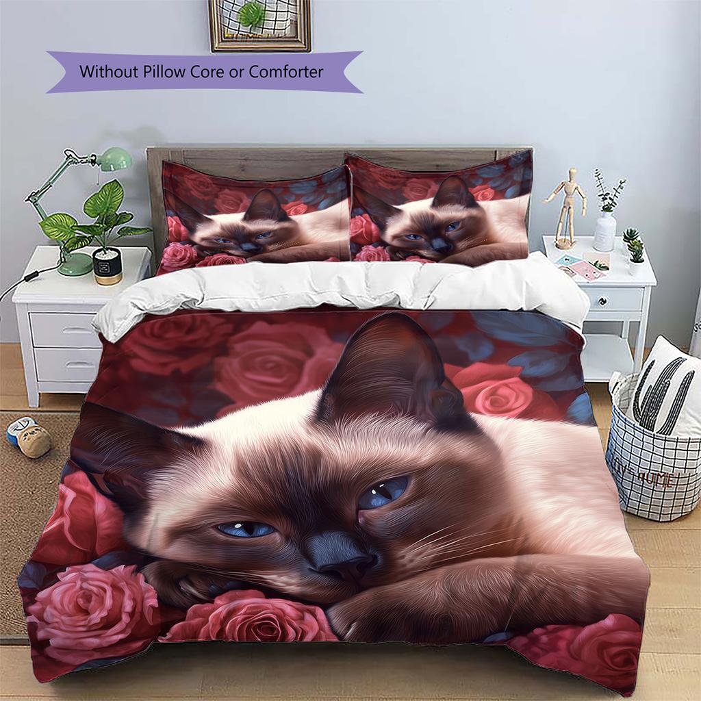 Siamese Cat and Rose Pattern Bedding Home Decoration Birthday Gift (1 * duvet cover + 2 * pillowcase, without core)