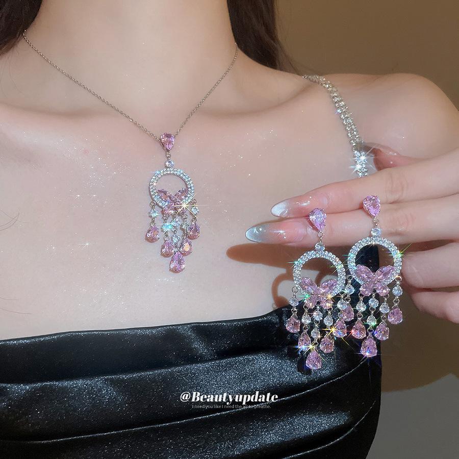 Zircon Butterfly Tassel Necklace and Earring Set - Elegant French Light Luxury Jewelry