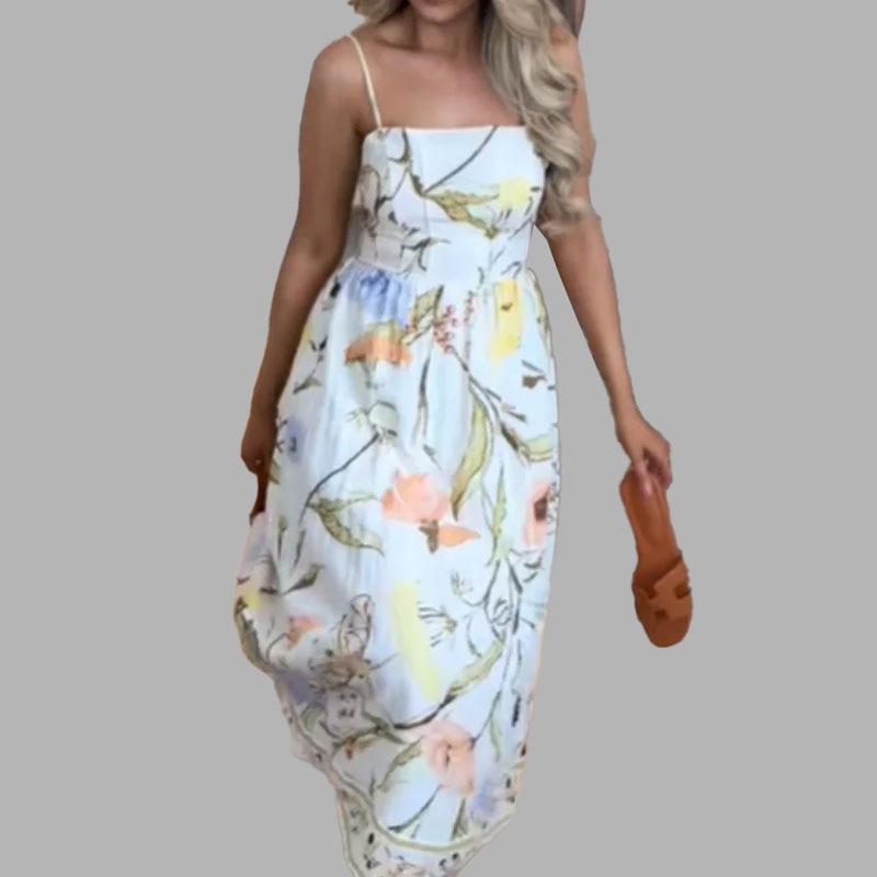 Springtime New Holiday Style Fashionable Printed Off-shoulder Sleeveless Waist-hugging Suspender Gown